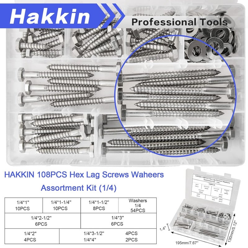 Hakkin 108PCS 1/4" Hexagon Head Lag Screws,304 Stainless Steel Hex Lag Bolts 1" 1-1/4" 1-1/2" 2" 2-1/2" 3" 3-1/2" 4", Wood Screws Washers Assortment Kit with Storage Case - Image 4